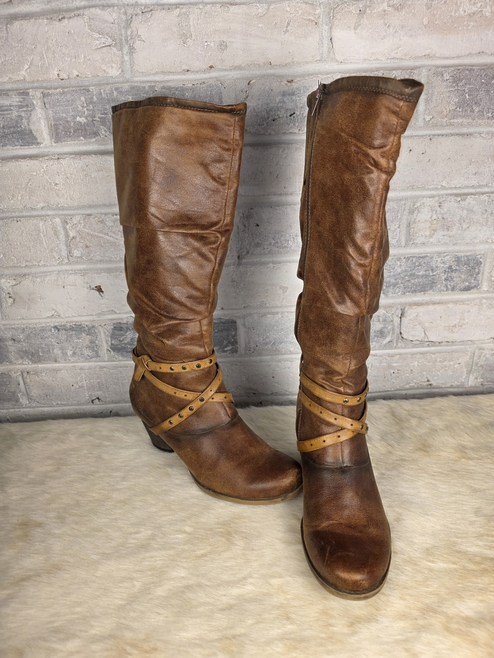 BareTraps Brown Leather Knee-High Boots with Studded Wrap Straps